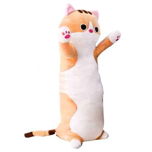 Jensquaify Long Cat Plush Pillow - Cute Kitten Stuffed Animal Body Hugging Toy for Kids, 19.68 Inch (Brown)