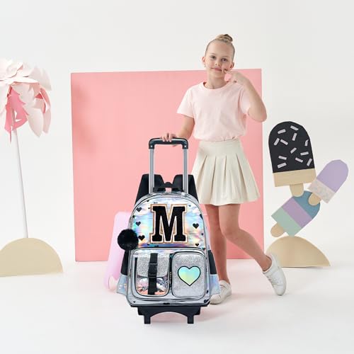 HTgroce Cute Rolling Backpack with Wheel,School Backpack for Kids Girl Roller Schoolbag Wheeled Backpacks Set Carry-on Luggage,Initial M - color: Silver, style: M