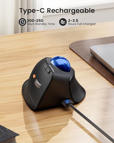 ProtoArc EM05 NL Wireless Vertical Trackball Mouse, 5 DPI Levels, Blue | 62° Vertical Design Supports a Natural Wrist Posture, Connect 3 Devices Via Bluetooth/2.4G USB-A, 500mAh Rechargeable Battery - color: Blue