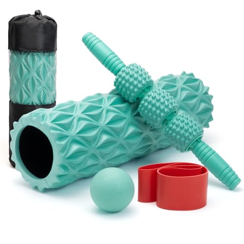 5 in1 Foam Roller Set High Density 15" Foam Roller for Muscle Recovery | Deep Tissue Muscle Massage Foam Roller for Exercise, Massage Roller, Massage Ball, Stretching Strap, for Whole Body Aqua - color: Pure Turquoise