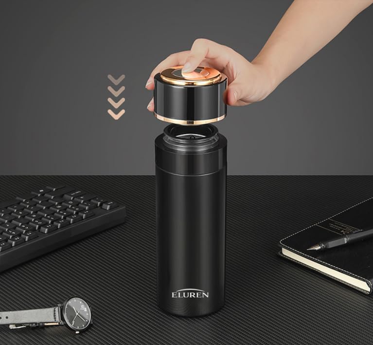 ELUREN Vacuum Insulated Stainless Steel Thermal Smart Water/Coffee/Tea Tumbler & Flask with Tea Infuser, LED Temperature Display, One-Click Opening, Leak-Proof, Keeps Drinks Hot or Cold for Hrs, Black