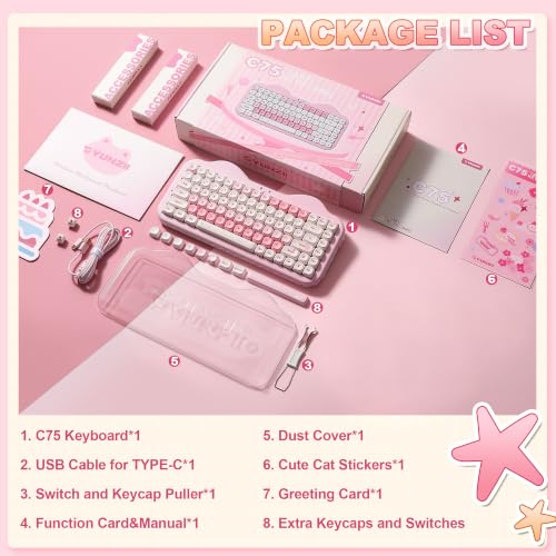 YUNZII C75 Cute 75% Wireless Mechanical Keyboard (Pink, Milk Switch) | Creamy Cake Keyboard, BT5.0/2.4G/USB-C, Hot-Swap, NKRO, PBT MOA Keycaps,5500mAh RGB Gasket Mount for Mac/Win/Gaming/Office - color: Pink, size: Milk V2 Switch