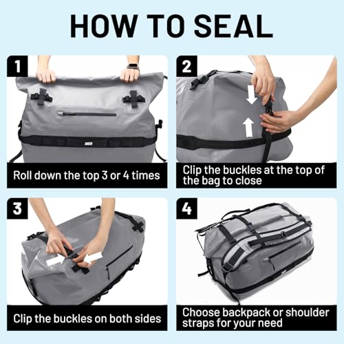 MIER Large Waterproof Duffel Bag - 60L/80L Dry Bag Backpack | Detachable Backpack Straps; Multi-Pockets; Roll-Top with Hook-and-Loop Closure; Motorcycle, Kayaking, Gym, Beach, Boating - color: Gray, size: 60L