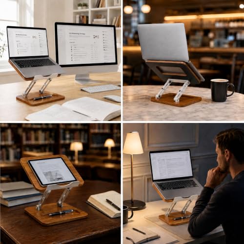 Adjustable Laptop Desk Stand Wood with Storage Slot | Ergonomic Foldable Computer Riser ,Ventilated Cooling Design, Fit all 10-17 Inch Laptops & Tablets