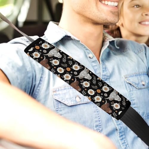 2 Piece Soft Padded Seat Belt Shoulder Pad for Adult Use, All Vehicles, Cute Highland Cow Floral Automotive Seat Belt Protector, Easy Install (No Tool) - color: Pattern 306
