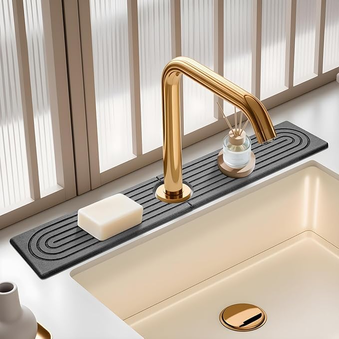 KITHOLD Diatomite Sink Splash Guard – Super Absorbent Kitchen & Bath Mat, Quick-Dry Non-Slip Drying Tray, Fits Most Faucets, Pet Bowl Mat, Vase Holder (Premium Gray, 23.6'' x 4'')
