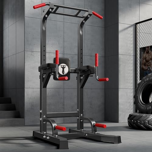SogesPower Multi-Function Power Tower Pull Up Bar Station for Home Gym | 10-Level Adjustable Height Pull Up Bar Stand Dip Station Strength Training Workout Equipment - color: Black
