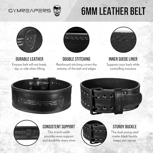 Gymreapers Weightlifting Belt 6MM Genuine Leather - Double Prong Power Belt Heavy Duty 4-Inch Wide - Strong, Stabilizing Back Support For Deadlifts, Squats Powerlifting - size: Medium