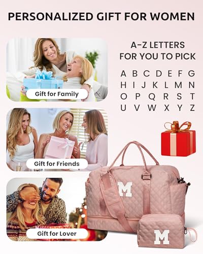 Girls Duffle Bag, Initial Bag, Weekender Bags with Shoulder Strap | Monogram Overnight Bags for Women Wet Pocket, Letter Travel Tote with Personalized Makeup Bag Gifts for Niece (Letter R) - color: Pink, style: R
