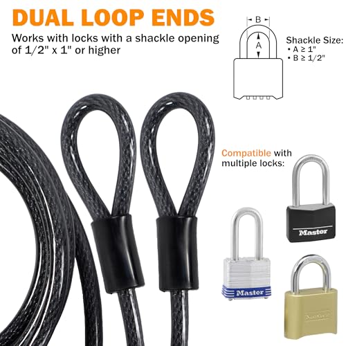 Lumintrail 12mm (1/2 inch) Heavy-Duty Security Cable, Vinyl Coated Braided Steel with Sealed Looped Ends (4', 7', 10', 15', 20', 25' or 30') (20-FT) - size: 20-FT