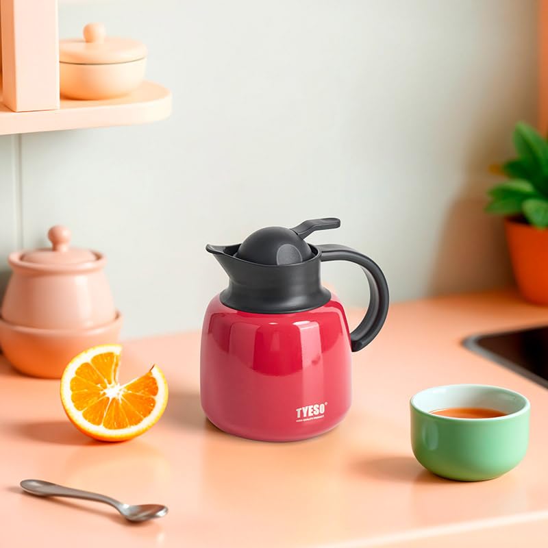 TYESO Vacuum Insulated pot, Portable Stainless Steel Tea/Coffee Pot with Strainer, Storage, for Tabletop Use, with Strainer (RED, 34 oz)