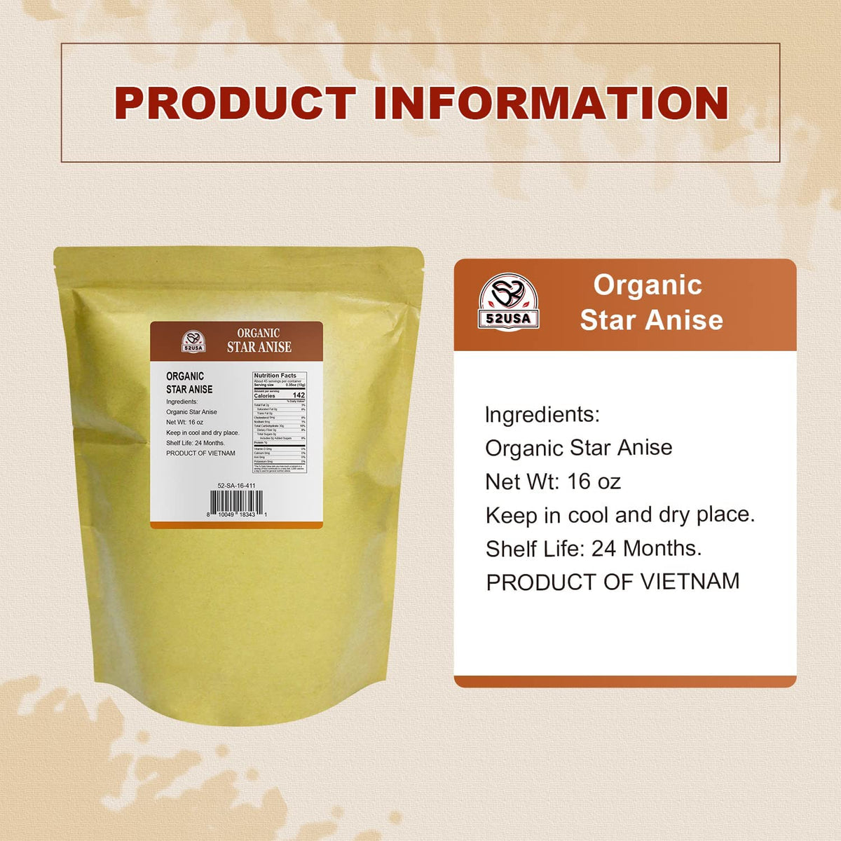 52USA Organic Star Anise, 16 Ounce, NON-GMO Verified Chinese Whole Star Anise Pods