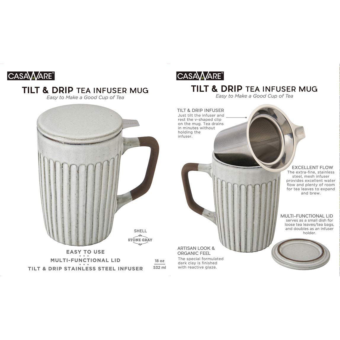 casaWare Shell 18-Ounce Tilt & Drip Tea Infuser Mug (Stone Gray)