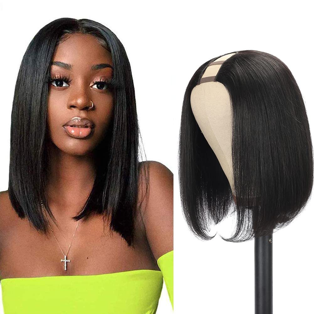 Amella Hair U Part Wig Bob Straight Wig U Part Bob Wig Brazilian Virgin Human Hair Wig For Black Women U Part Human Hair Wig Bob
