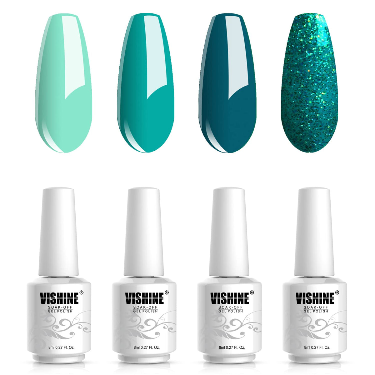 Vishine Gel Nail Polish Set - 4 Colors Dark Green Gel Polish Set Matcha Color Sparkly Glitter Gel Polish Misty Forest Green Soak