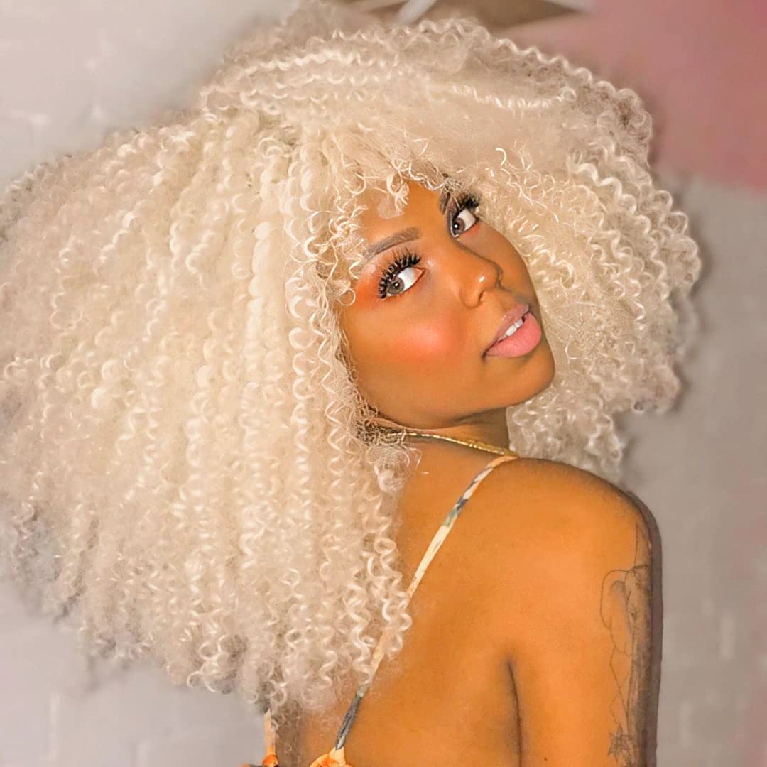 Runm Short Curly Afro Wig With Bangs For Black Women Kinky Curly Hair Wig Afro Synthetic Full Wigs(Platinum White)