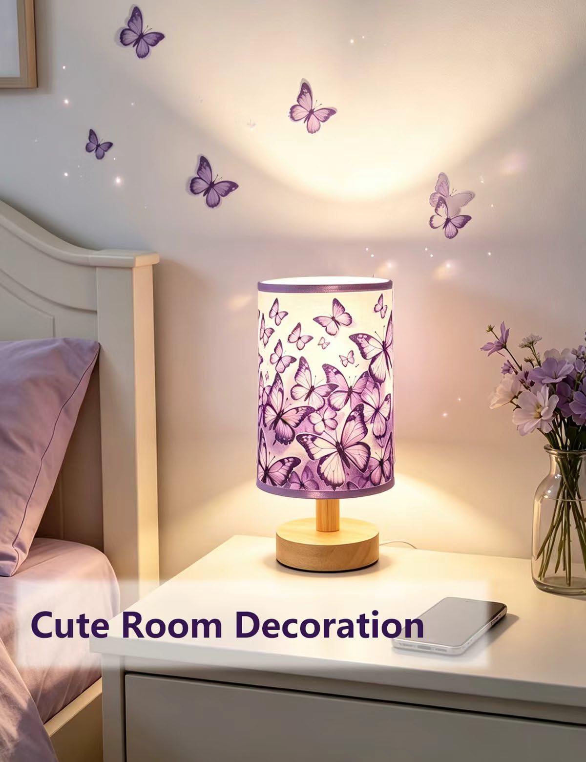 Butterfly Lamp, Girls Lamps for Bedroom 3 Colors Dimmable Nightstand Light