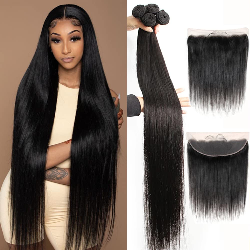 Yisea Human Hair Bundles With Lace Frontal (14 16 18 20+12 Frontal) Straight Hair 4 Bundles With 13X4 Lace Closure Frontal 100%