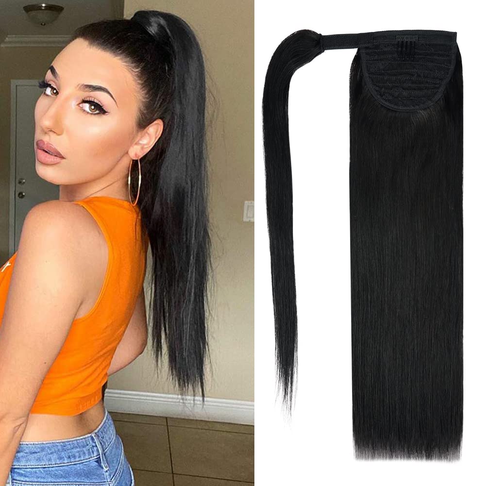 14'' Human Hair Ponytail Extension 70G #1 Jet Black 100% Remy Human Hair Wrap Around Long Ponytail Clip In Hair Extensions Strai