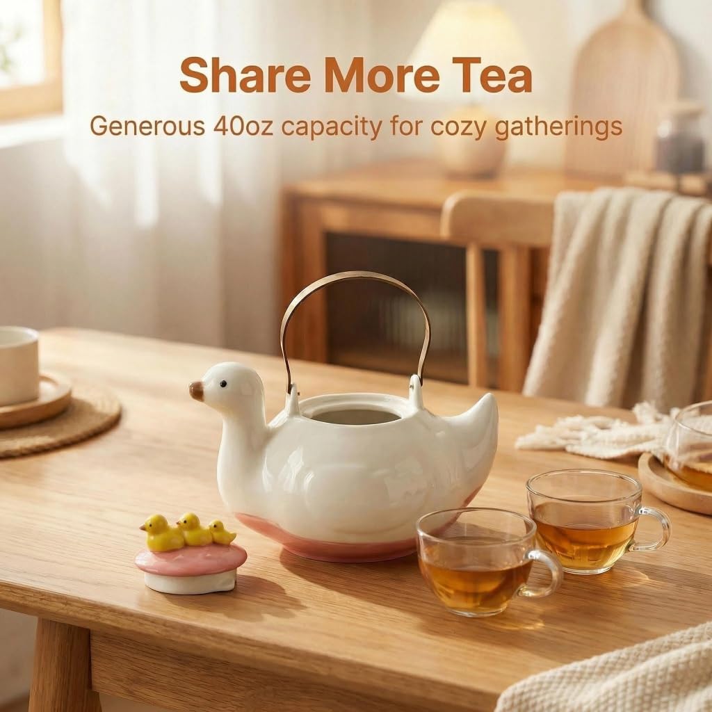WUYIAZHI Cute Duck Ceramic Teapot, 40 oz, Iron Handle