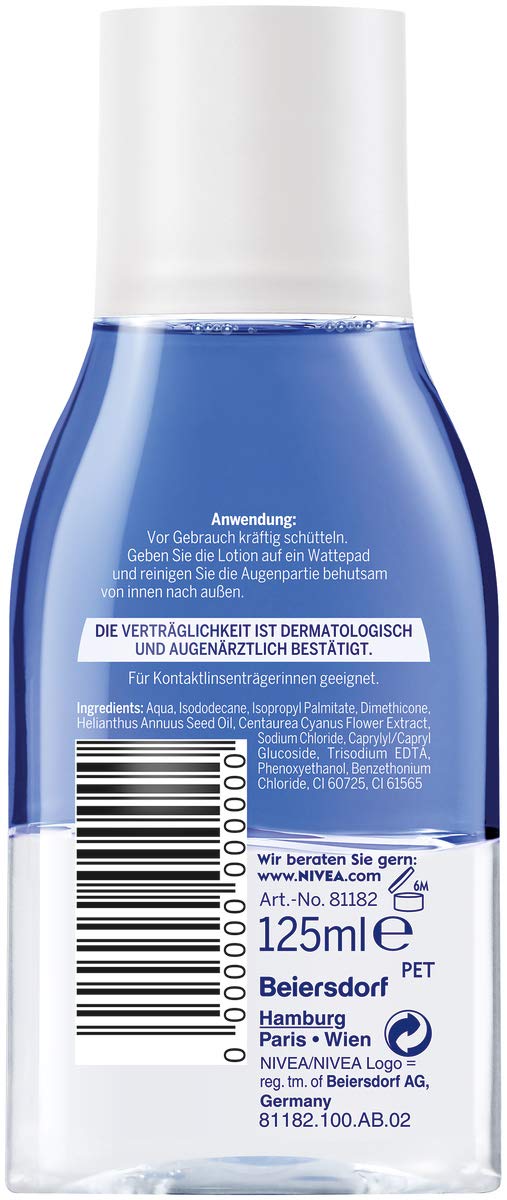 NIVEA Gentle Two‑Phase Eye & Makeup Remover – Single Bottle, Bi‑Phase Formula Quickly Dissolves Stubborn & Waterproof Makeup, Ophthalmologist Tested, Safe for Sensitive Eyes, 4.23 fl oz