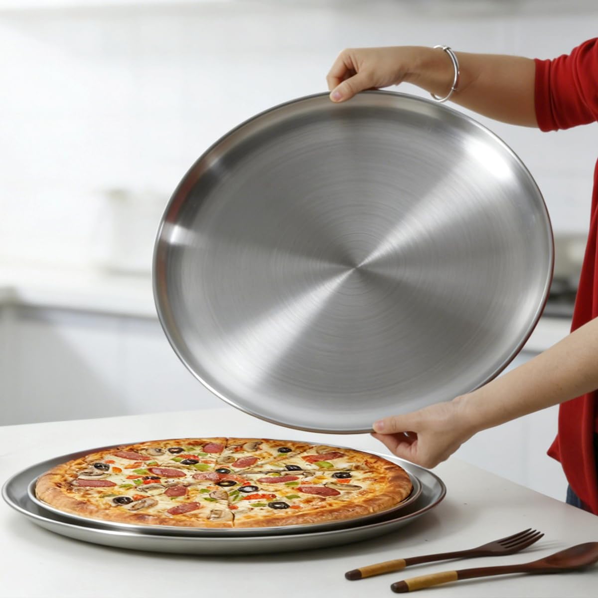 YeKuKing 16 Inch Pizza Pan for Oven 2 Pack Stainless Steel Baking Sheet Round Plates for Cake Pie and Salad Pizza Steel Large Tray Oven Dishwasher Safe & Easy Clean