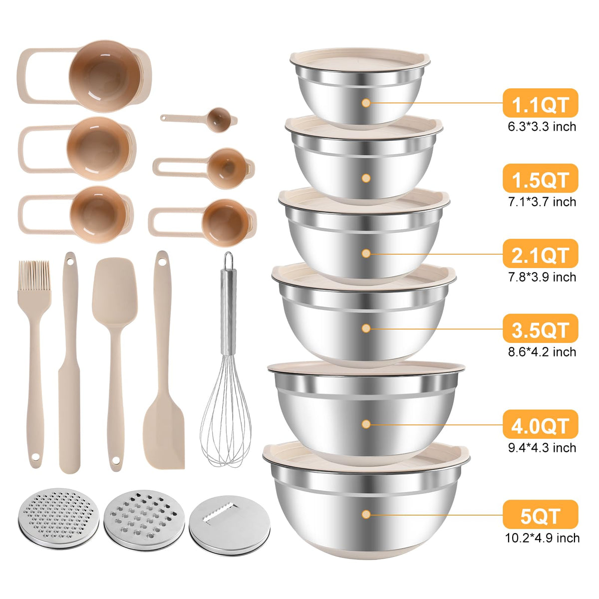Mixing Bowls with Airtight Lids Set, Non-Slip Silicone Bottoms, Khaki