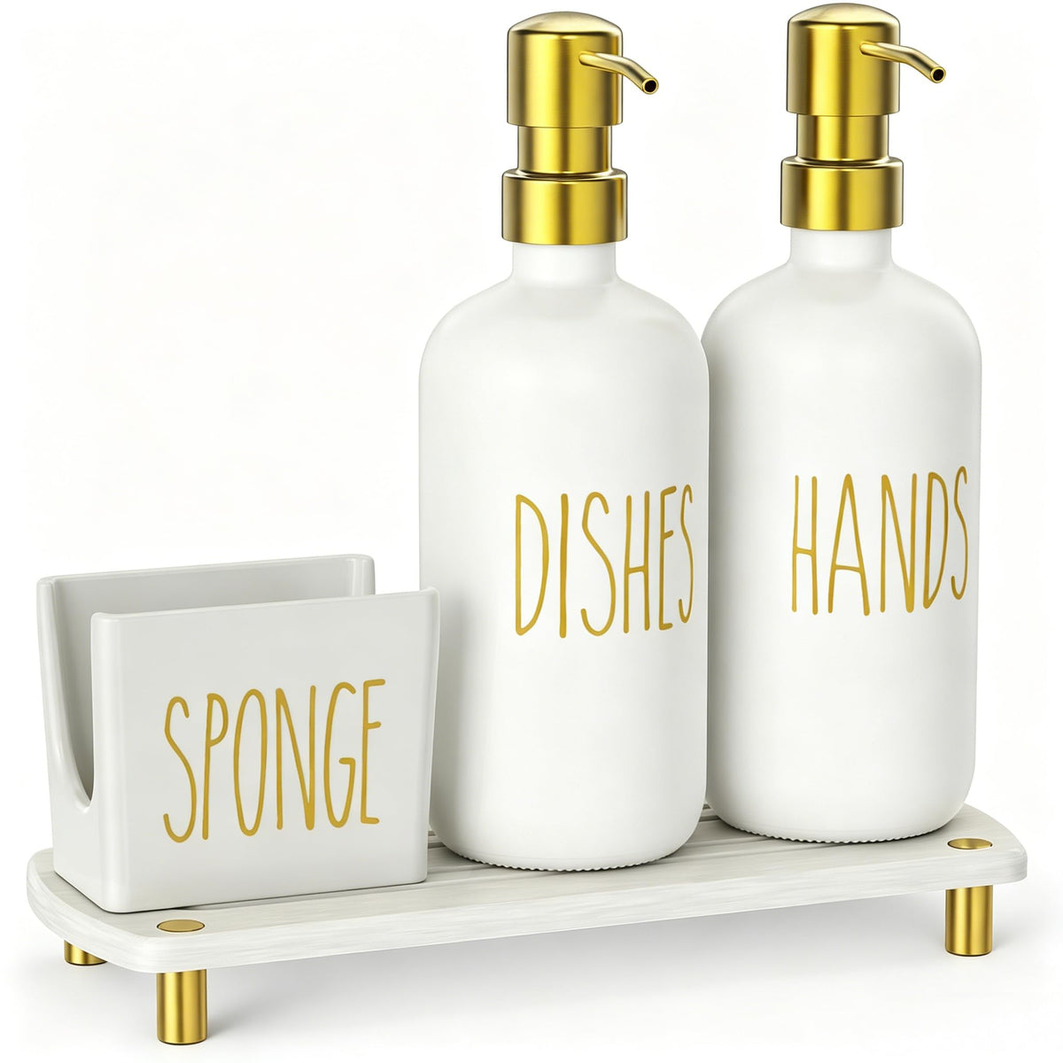 Cisily Kitchen Soap Dispenser Set Comes with Ceramics Sponge Holder, Gold Pumps, and Instant Dry Tray, Hand and Dish Soap Dispenser Set, Kitchen Decor and Accessories for Countertop Organizer