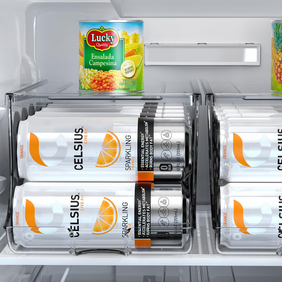 SCAVATA 2 Pack Skinny Can Organizer for Refrigerator, Stackable Tall Skinny Soda Pop Can Holder Dispenser with Lid for Fridge Pantry Rack Freezer, Clear Plastic Storage Bins-Holds 12 Slim Cans Each