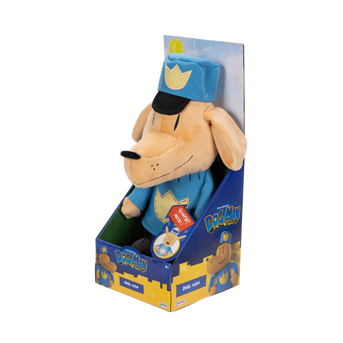 JAKKS Pacific Dog Man Feature Plush, Ears Flip Up and Down, Squeeze for Fun Sound Effect, Toot! Collect All Dogman Plush, Based on The Dog Man Movie