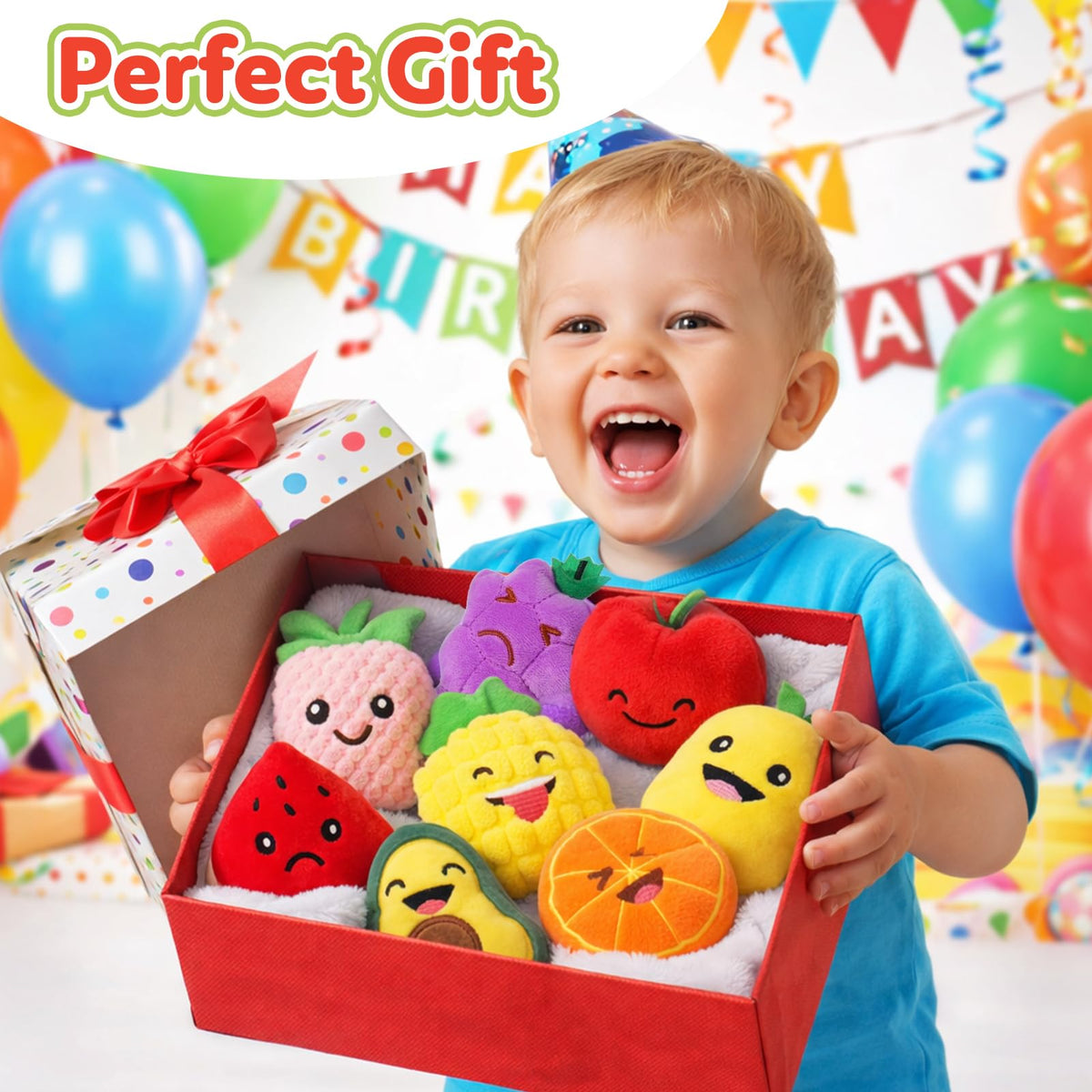 Sensory Toys for Kids, 8 Pack Mini Fruit Soft Stuffed Plush Toy for Girls or Boys as Party Decorations, Toddler Pretend Play Kitchen Food, Strawberry, Avocado, Pineapple and Orange