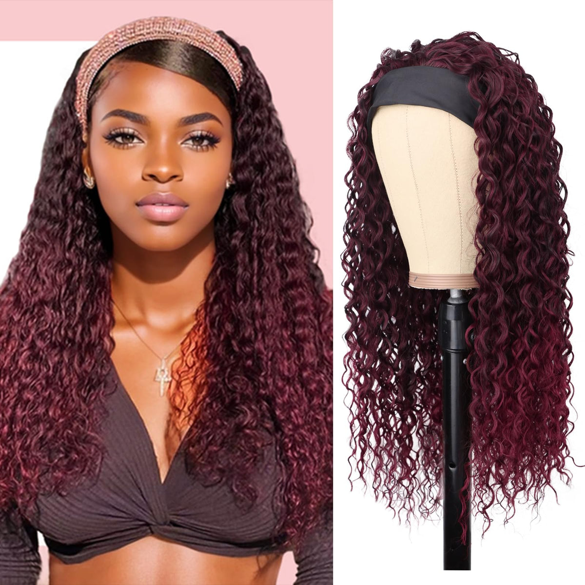 G&T Wig Red Headband Wigs For Black Women Wet And Wavy Headband Wig Ombre Red Curly Synthetic Wigs Dark Roots Glueless Heat Resi