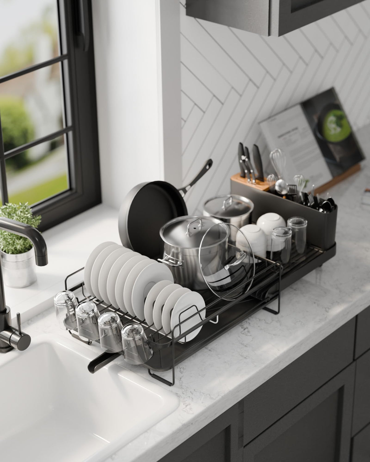 Kitsure Extendable Dish Drying Rack, 19.2"-26.7" L x 12.9" W, Black