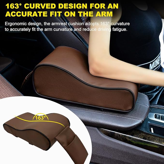 Car Armrest Cushion, Soft Memory Foam Auto Armrest Pillow with Storage Bag, Leather Center Console Arm Rest Padded Cushion with Phone Holder, Universal Car Accessories (Coffee)
