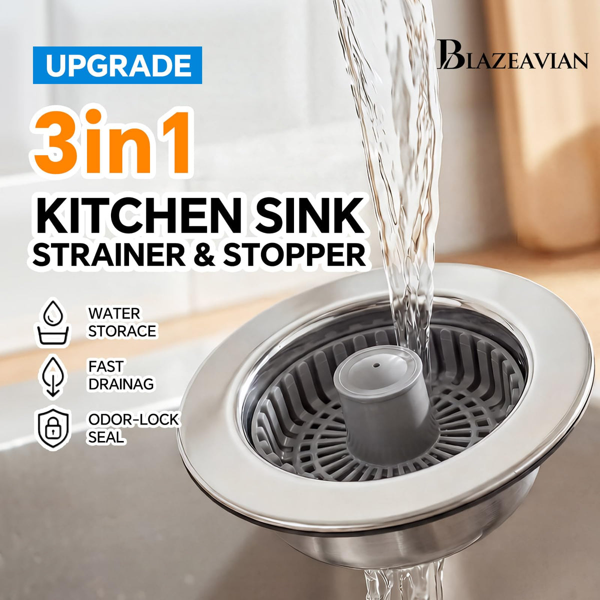 Blazeavian Solid Brass Body 3-in-1 Kitchen Sink Drain Strainer & Stopper, Heavy Duty Pop Up Plug Assembly with 2 Baskets, Anti-Clog Replacement for US Standard 3-1/2 Inch Drains, Rust-Proof Silver