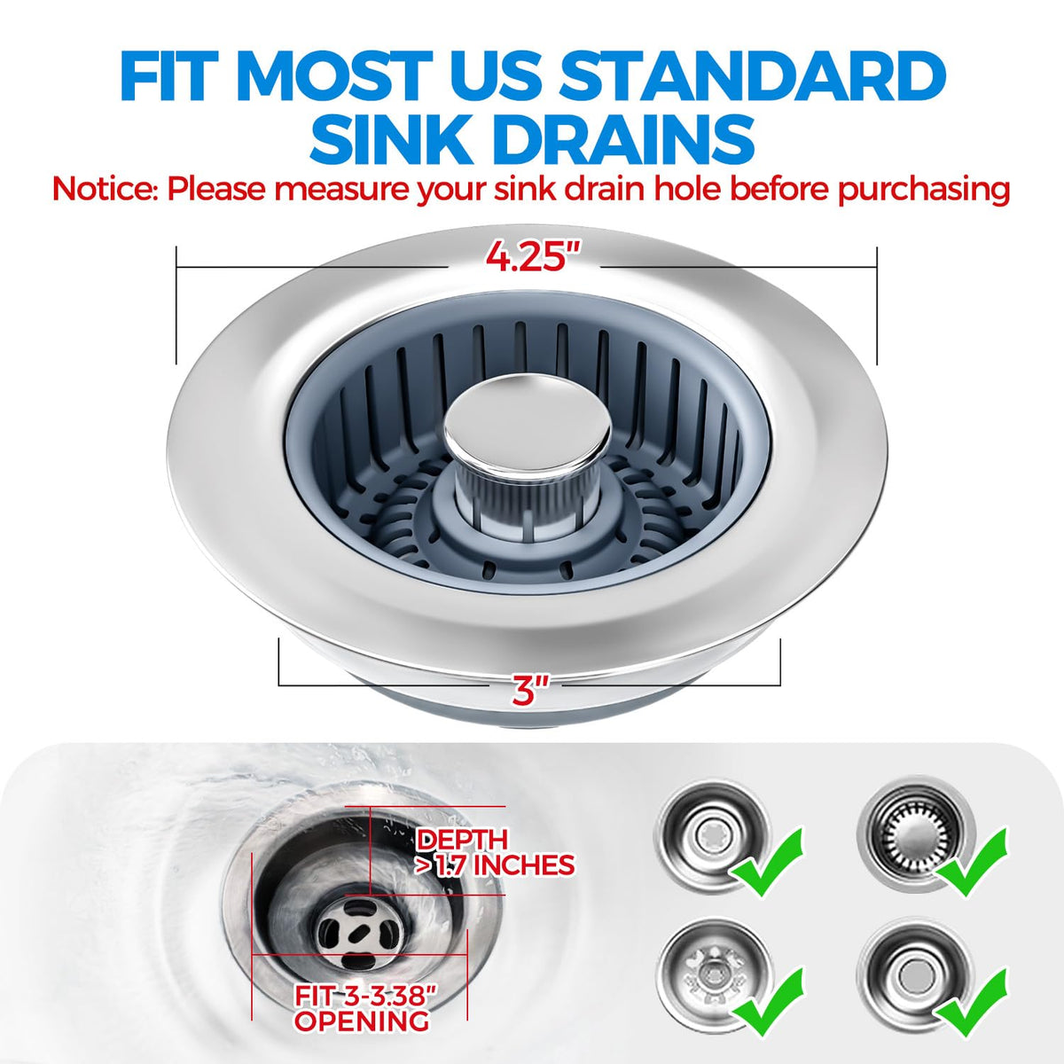 zaa 3 in 1 Kitchen Sink Stopper Strainer Basket Pop-Up Removable 2 Pack