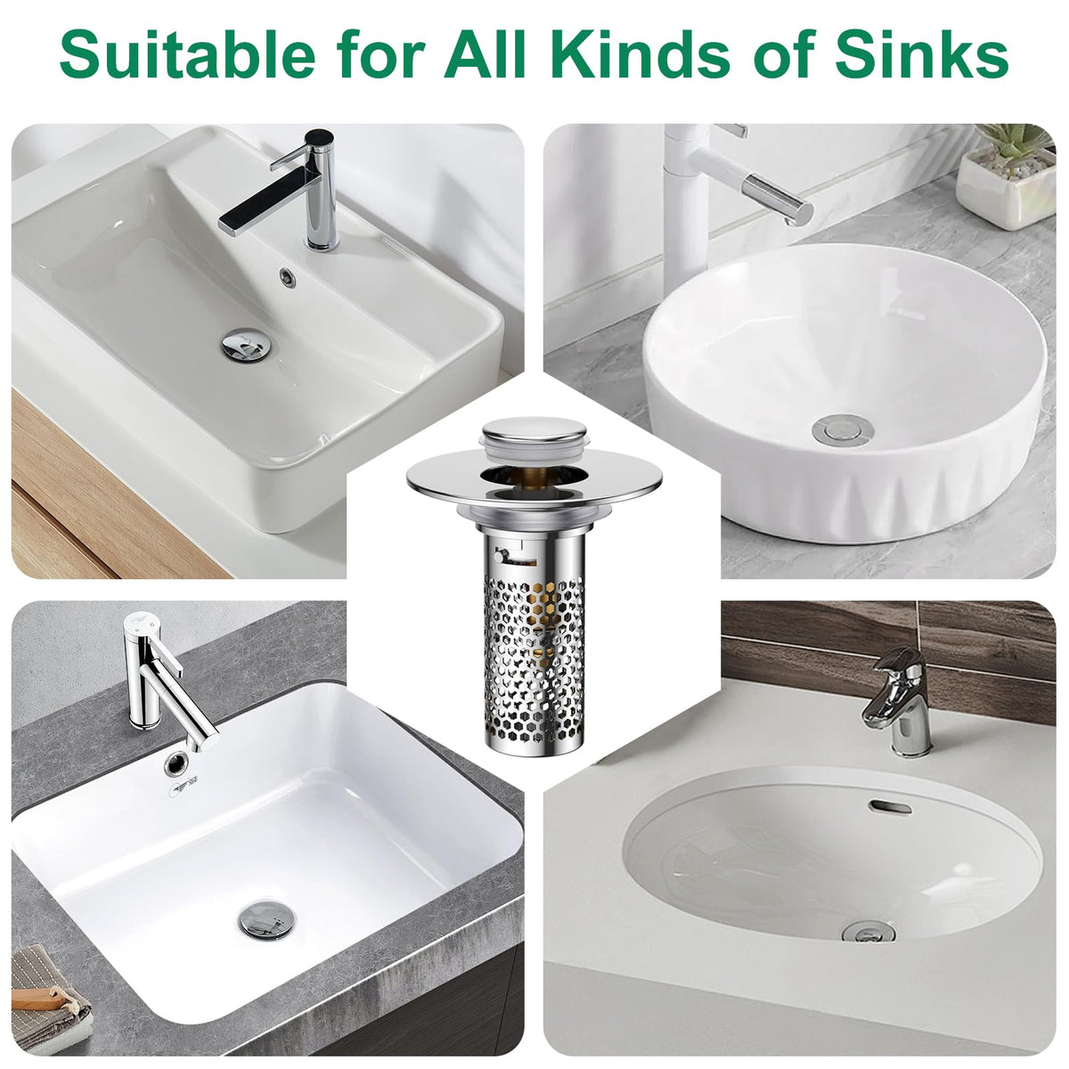 Bathroom Sink Drain Strainer,Universal Pop-Up Sink Stopper Hair Catcher, Anti-Clog Stainless Steel Drain Filter Basket, Removable Sink Drain for Bathroom Sink Stopper (Ysilver-2(with Buckle))