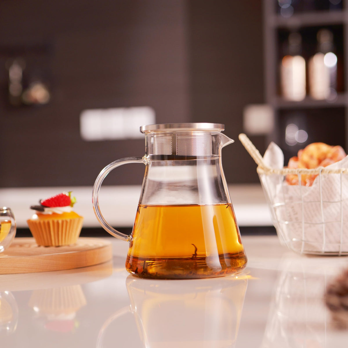 CNGLASS 40oz/1200ml Glass Teapot Stovetop Safe,One-Touch Clear Tea Kettle,Blooming and Loose Leaf Tea Maker