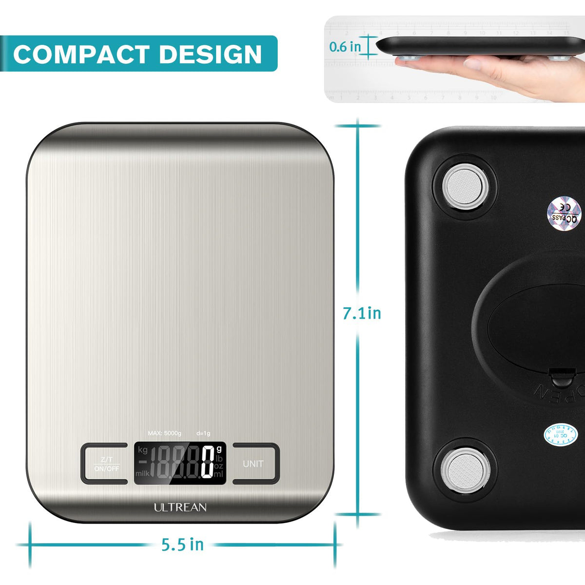 Ultrean Food Scale, Digital Kitchen Scale with LCD Display, Weight Grams and Ounces for Baking Cooking and Meal Prep, 6 Units with Tare Function, 304 Stainless Steel, 11lb (Batteries Included)