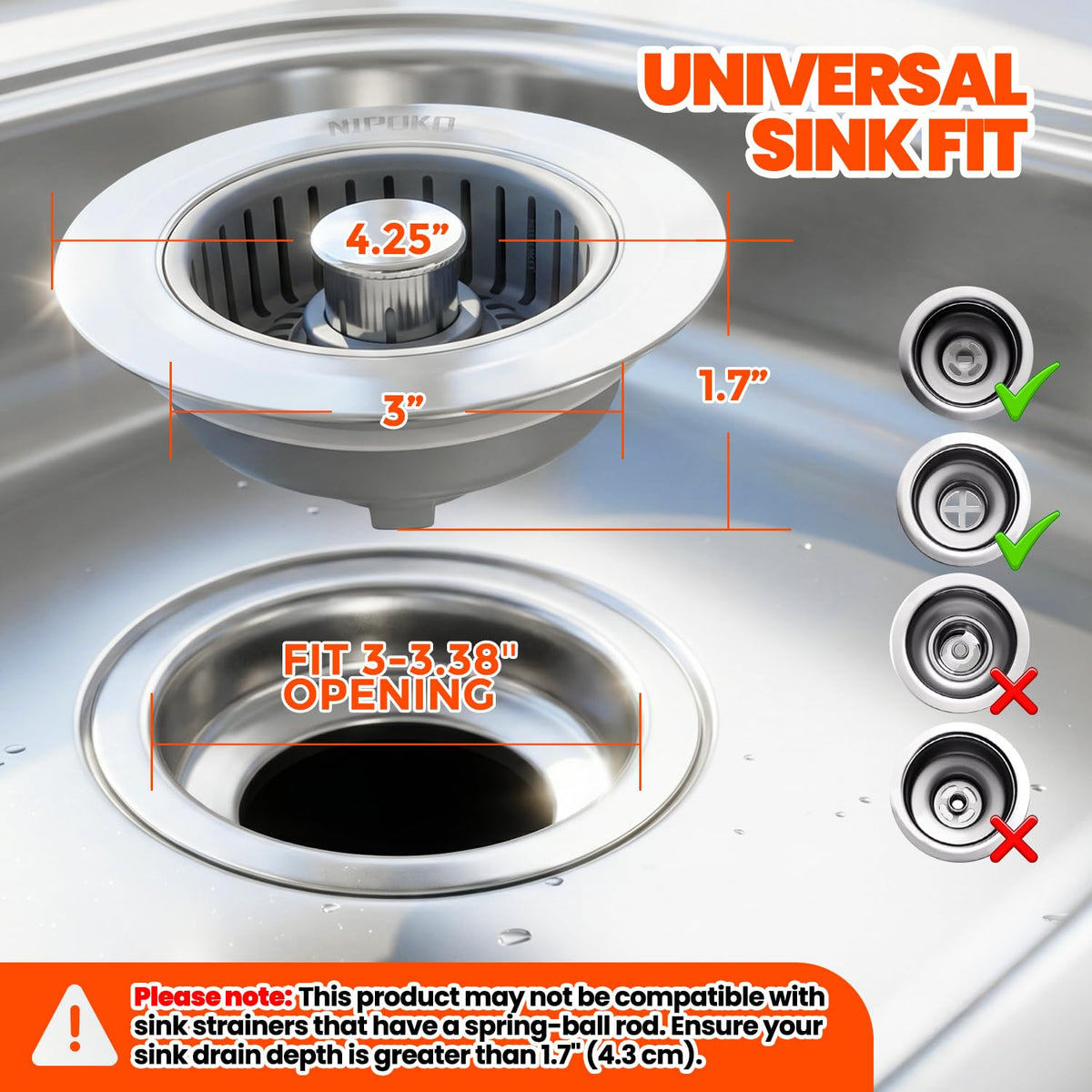 Nipoko 3 in 1 Kitchen Sink Drain Strainer Stopper Basket Pop Up Silver
