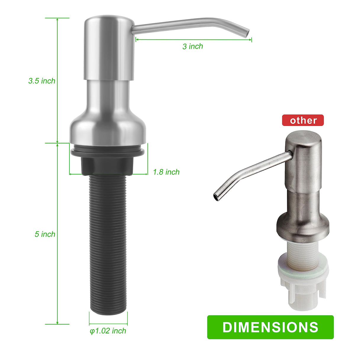 Soap Dispenser for Kitchen Sink, Sink Soap Dispenser with Longer Threaded Shaft Shank, 47" Extension Tube Connects Directly to Dish Soap Container, Wider Pump Head Base (Brushed Nickel)