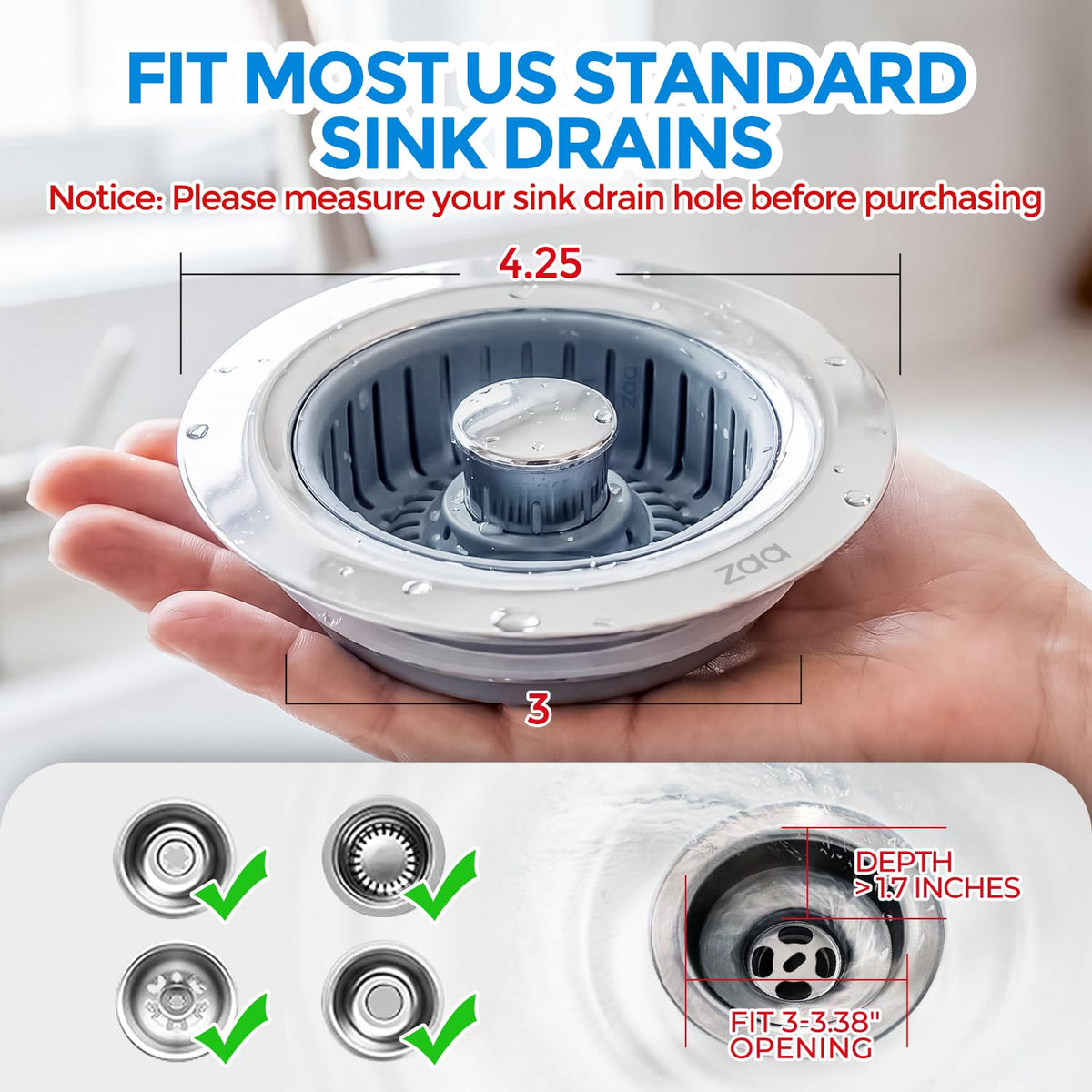 zaa 3 in 1 Kitchen Sink Drain Strainer Stopper Removable Basket Pop-Up