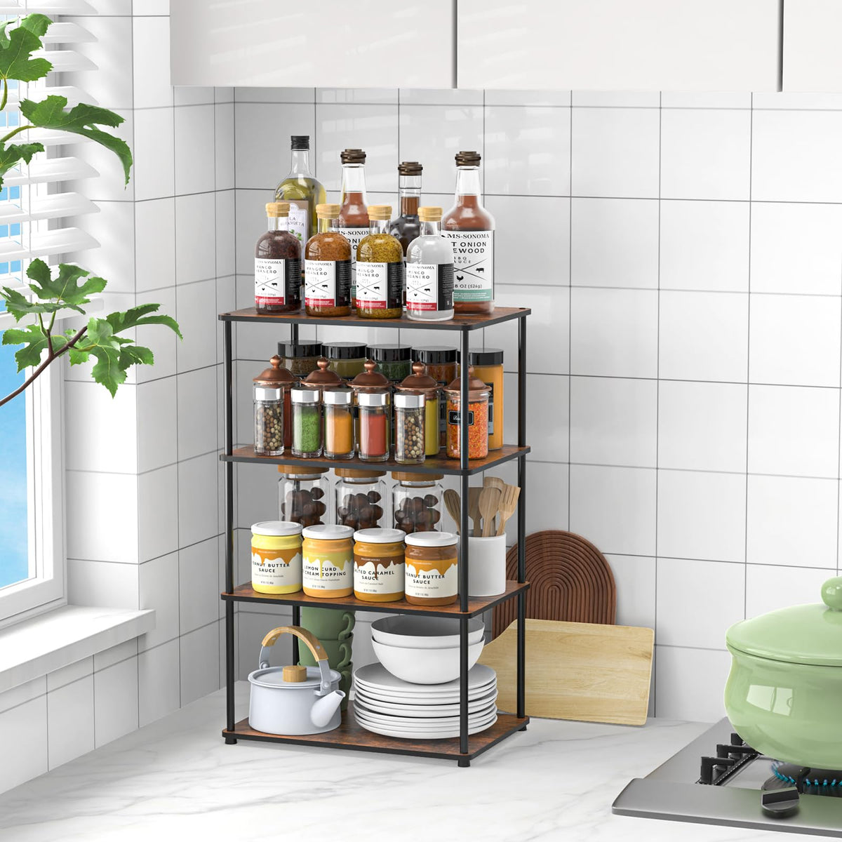 OneAhead Design Countertop Spice Rack, Stackable Wood & Metal Pantry Cabinet Shelf Organizer Storage, 4-Tier or Split into 2×2-Tier, Multi-Use for Kitchen Bathroom Desktop Home Office, Rustic Brown