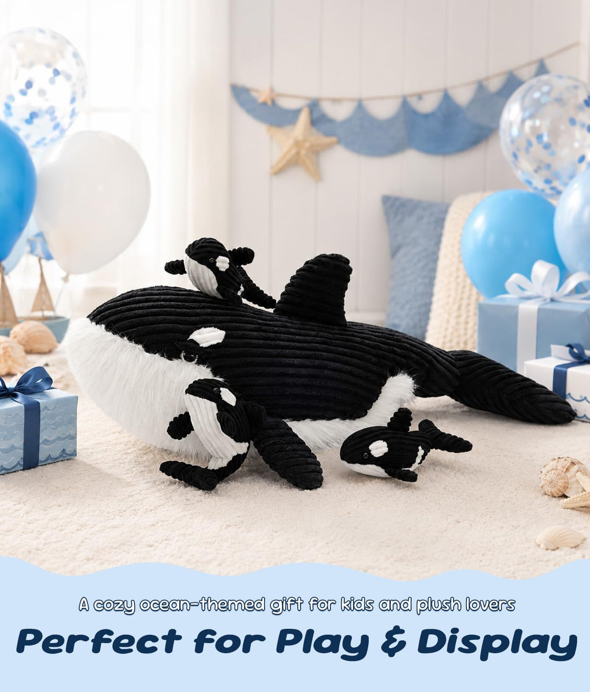 MorisMos 4Pcs Orca Stuffed Animals with Babies Inside, 23.6in Orca Family Plush Toy, Killer Whale Stuffed Animal Birthday for Kids Girls Boys