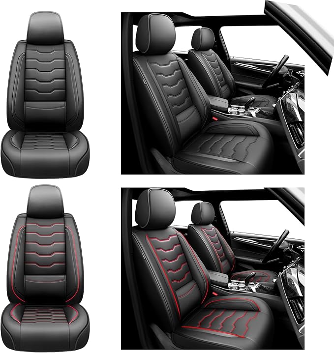 Fit Leaf Car Seat Covers Compatible with Nissan Leaf 2012-2025 2026 - Full Set Premium Leather, Waterproof Breathable, All-Weather Seat Cushion Protecto&Airbag Compatible(Red Line Black