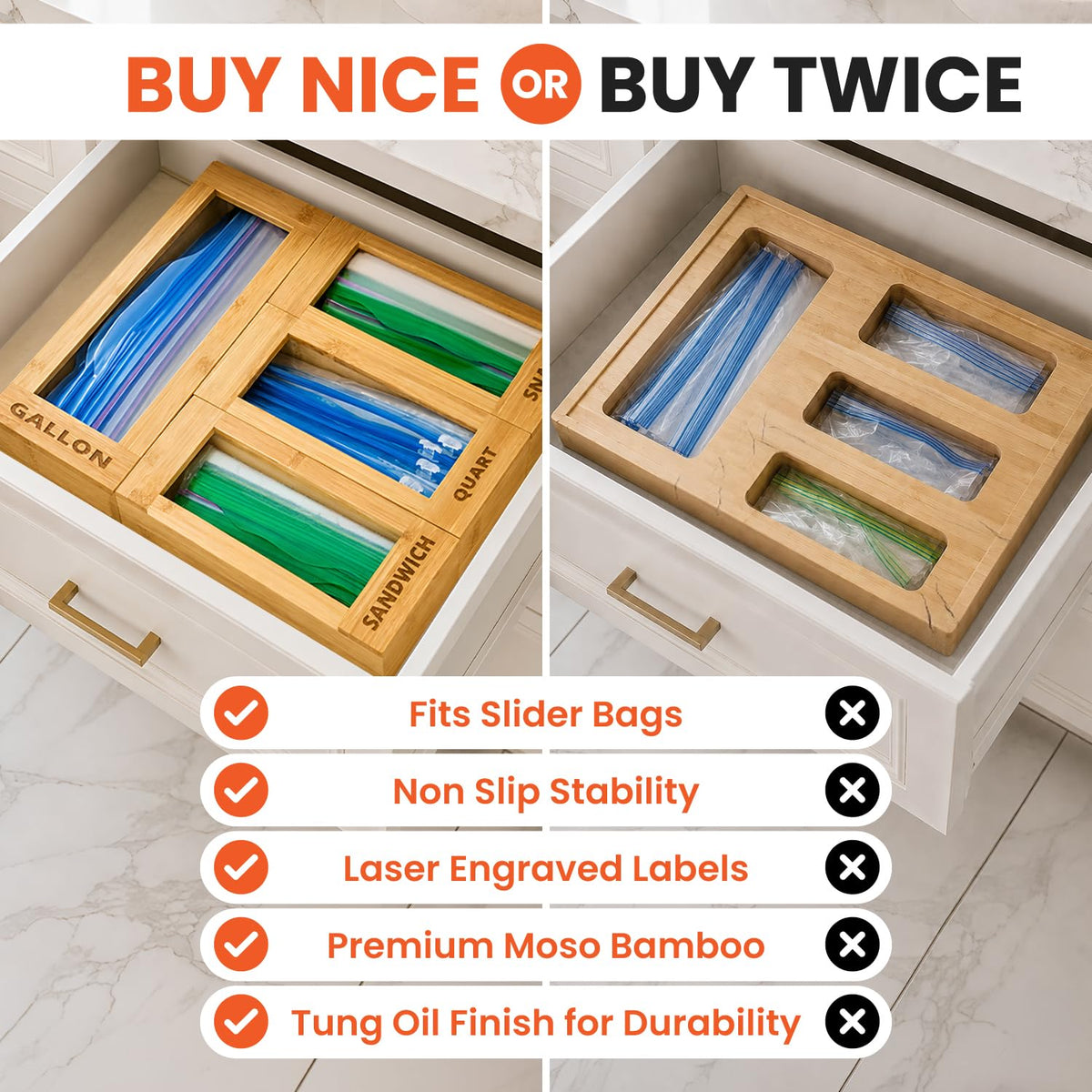 mHomeAid Bag Storage Organizer - Bamboo Food Plastic Baggie Holder, Dispenser, and Container for Kitchen Drawer - Fits Ziplock and Ziploc Gallon, Quart, Sandwich & Snack Sized Slider Bags (Bamboo)