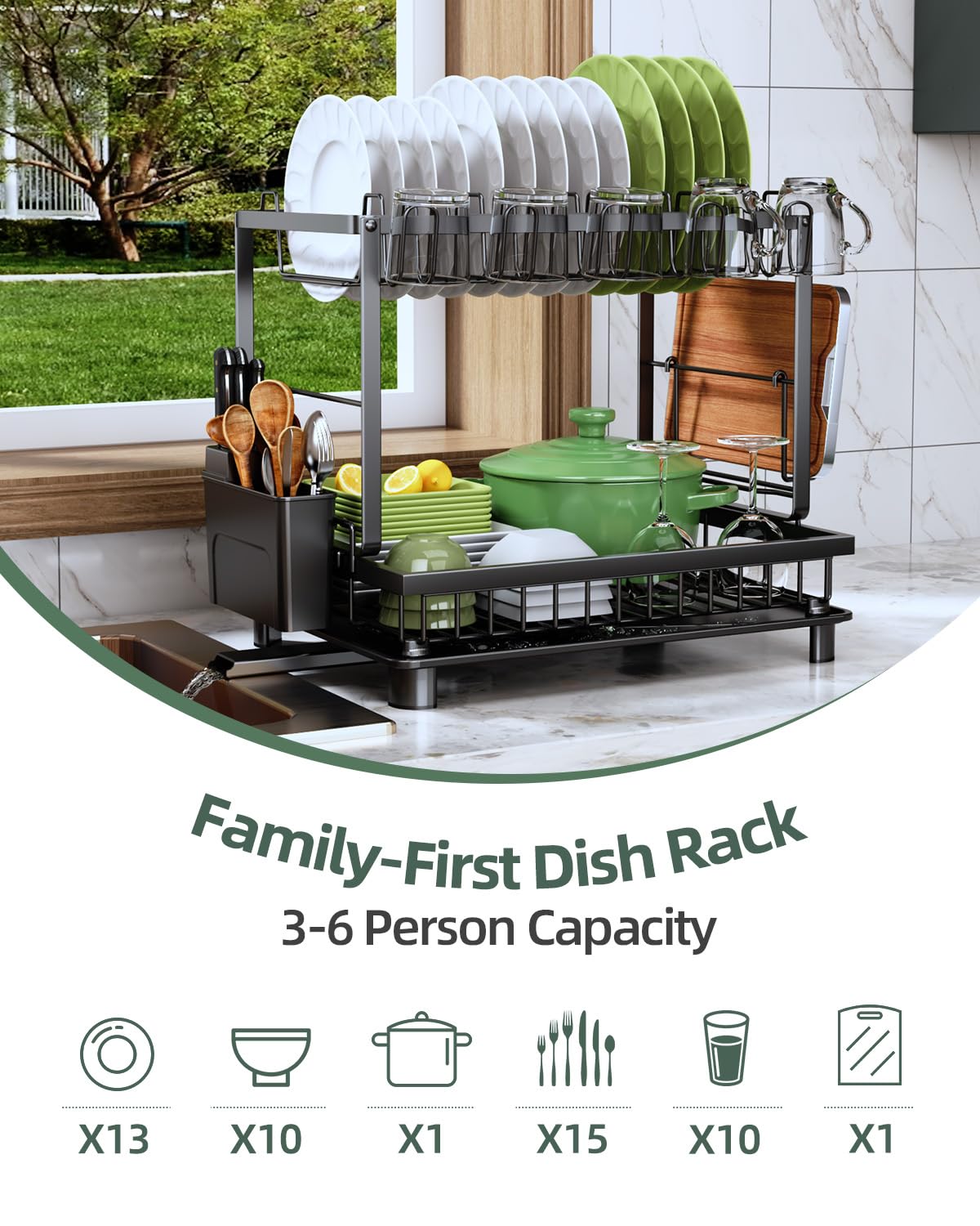 Nfnoyp 2-Tier Dish Drying Rack for Kitchen Counter, Space-Saving, Black