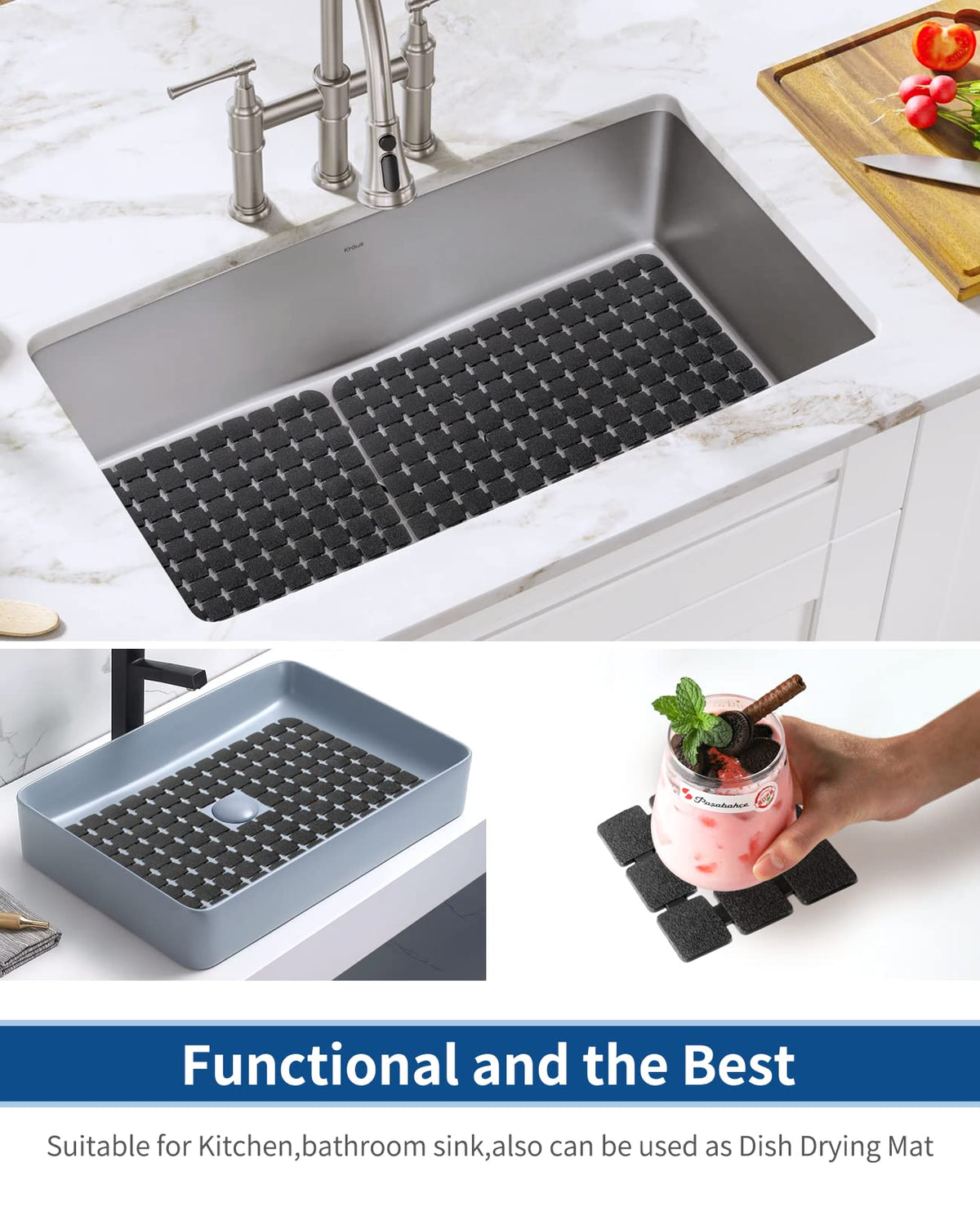 Bigli Sink Mat Protectors for Stainless Steel/Ceramic Sinks, 2 Pack 15.7x11.8 inches, PVC, Fast Draining (Black)