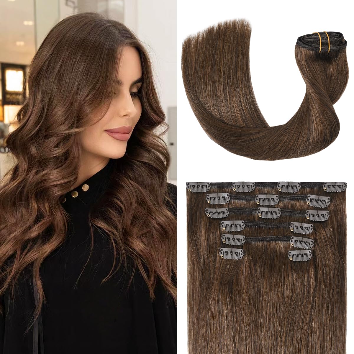 Ugotrays Medium Brown Hair Extensions Real Human Hair Clip In Hair Extensions 120G 7Pcs 18Inch,Soft & Natural Straight Double We