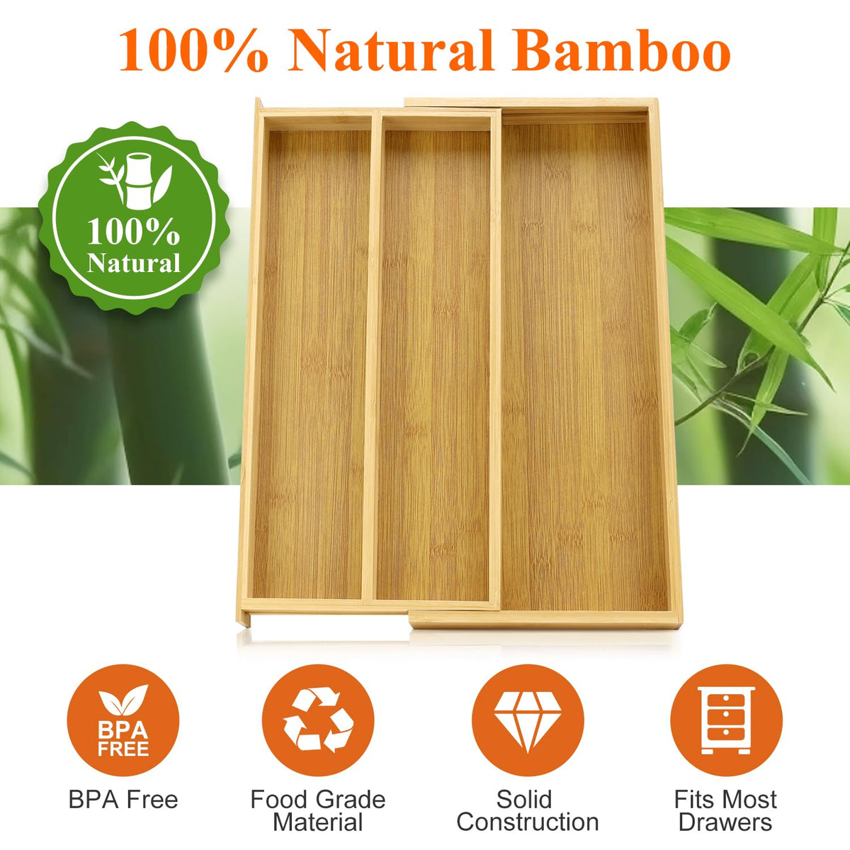 Large Bamboo Kitchen Utensil Drawer Organizer Expandable Silverware Tray